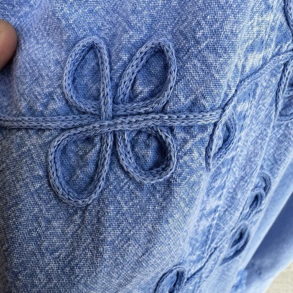 VTG Giocam Blue Embroidered Floral Midi Dress Frayed Hem Ruching V Neck Med - Picture 3 of 9